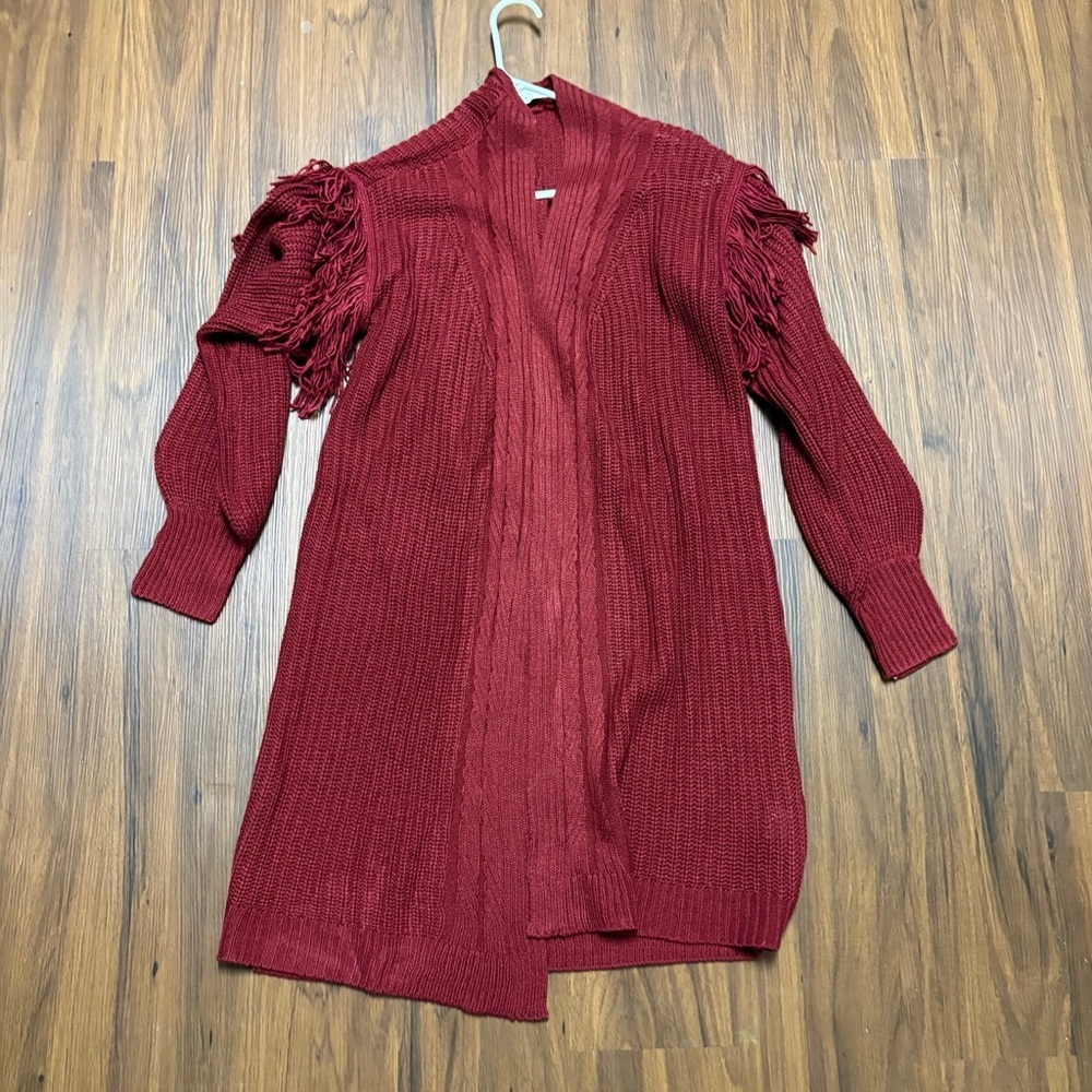 Time and Tru Burgundy Fringe Cardigan - Picture 2 of 8